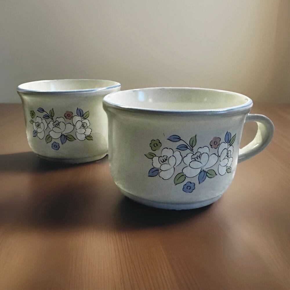 Vintage Floral Stoneware Mugs Set of 2 – Country Cottage Coffee Cups Farmhouse